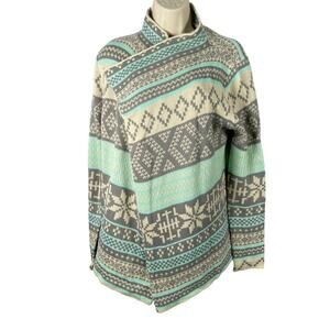 Kate Collection Cardigan Womens Medium Turquoise Gray Fair Isle Print Draped